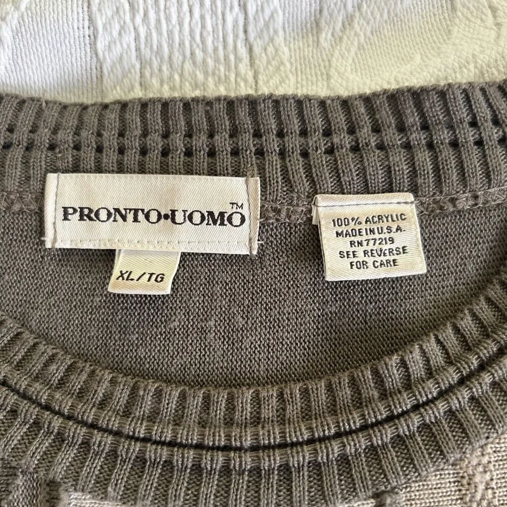VTG 80s 90s Pronto Uomo Pullover Sweater Mens XL Long Sleeve Beige Tan Cream USA